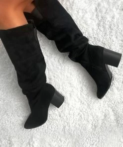 Emprada Crulla Black Faux Suede Over The Knee Block Heel Boots