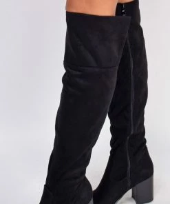 Emprada Crulla Black Faux Suede Over The Knee Block Heel Boots