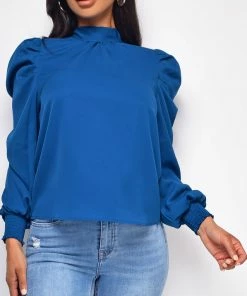 Emprada Tops Lamaria Blue High Neck Blouse 10 Emprada Tops Lamaria Blue High Neck Blouse