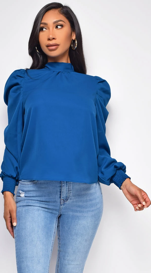 Emprada Tops Lamaria Blue High Neck Blouse 5 Emprada Tops Lamaria Blue High Neck Blouse